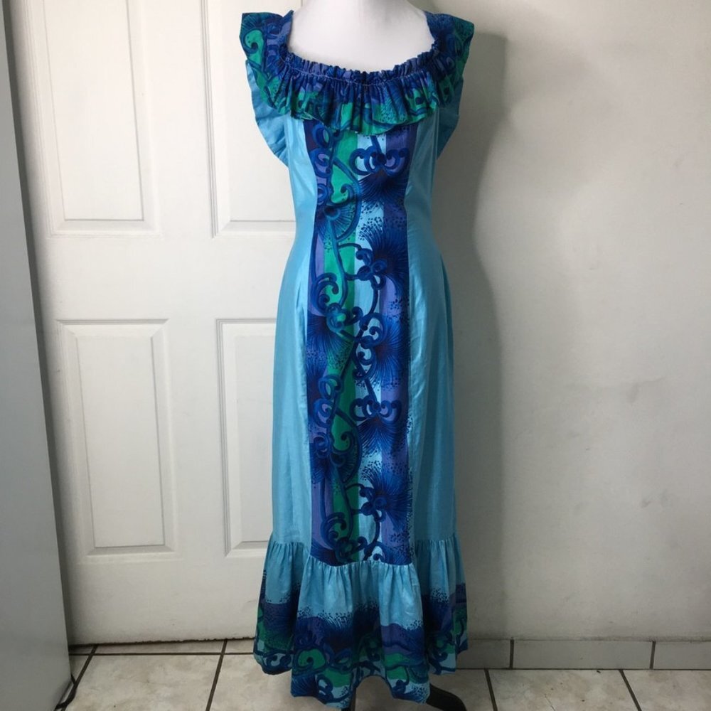 An Original Hawaiian Togs Maxi Dress Size Small Blue Ruffled Cotton Vintage